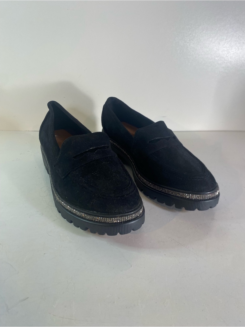 Black Suede Penny Loafers Chunky Lug Sole Rhinestone Trim Size 40